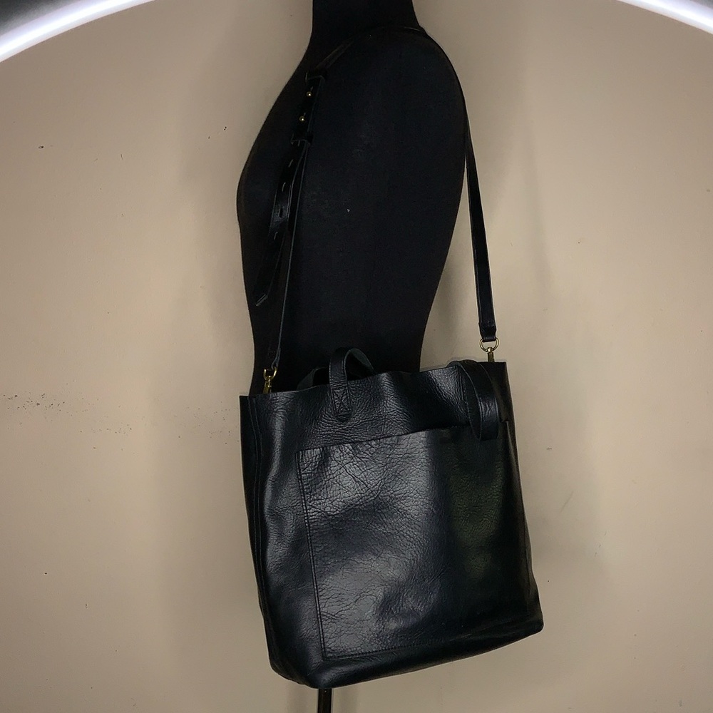 MADEWELL THE TRANSPORT LEATHER BLACK TOTE BAG.